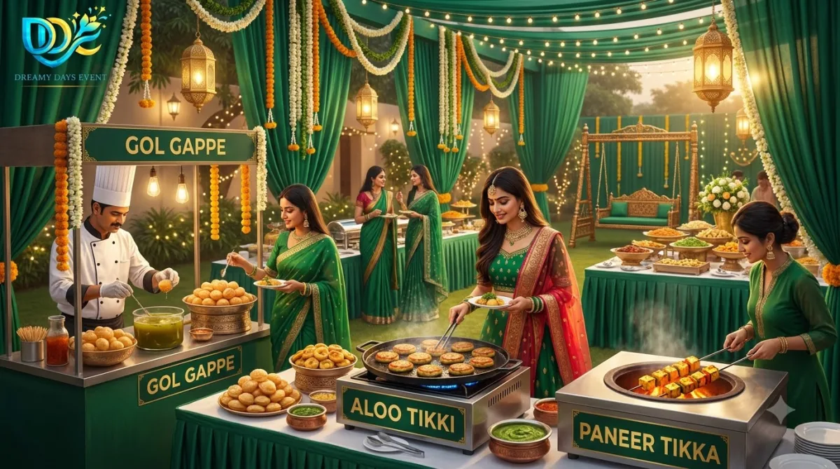 Hariyali Teej celebration in Gurgaon with Paneer Tikka live counter, festive catering and traditional decorations